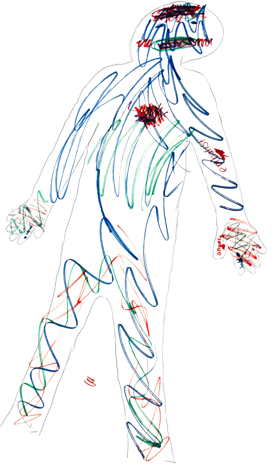 child's drawing of a body with colorful squiggles running throughout the body